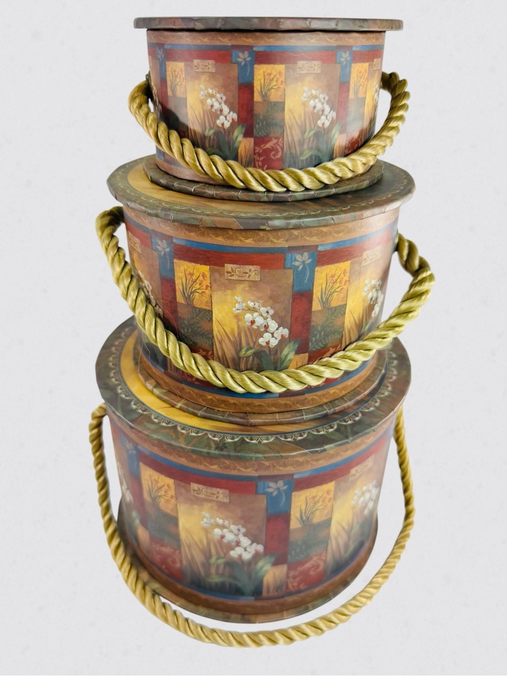 Once Upon A Rose Floral Stackable Nesting Round Storage Boxes Twist Rope Handle
